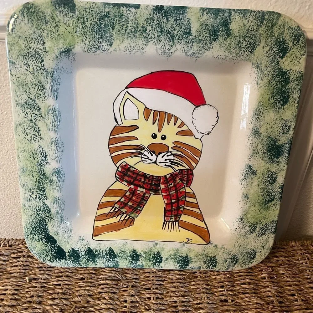 Ceramic Large Vintage Orange Cat Santa Serving Platter 13x13!